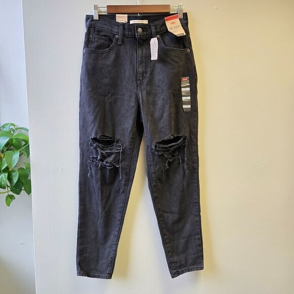 Levis Womens Grunge Emo High-Waisted Ribcage Ripped Mom Jeans Washed Black Size - Picture 1 of 11